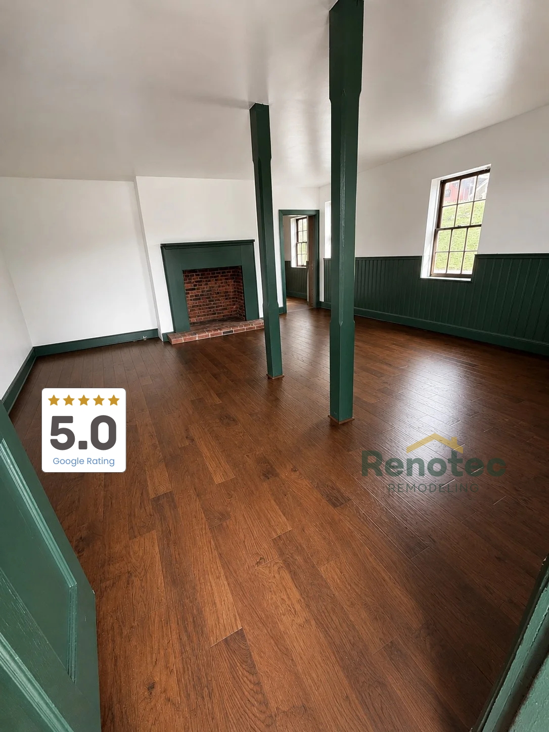 5 star client reviews graphic and watermark with commercial office remodel