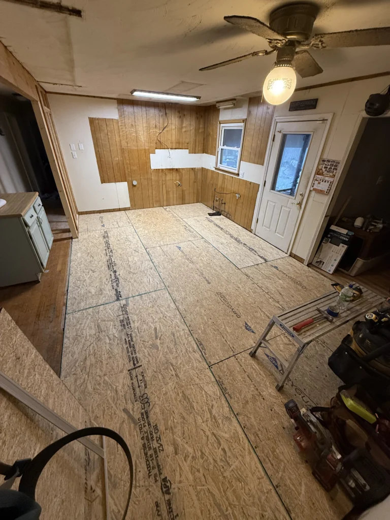 Subfloor installation during an open-concept kitchen remodel in Abingdon, VA