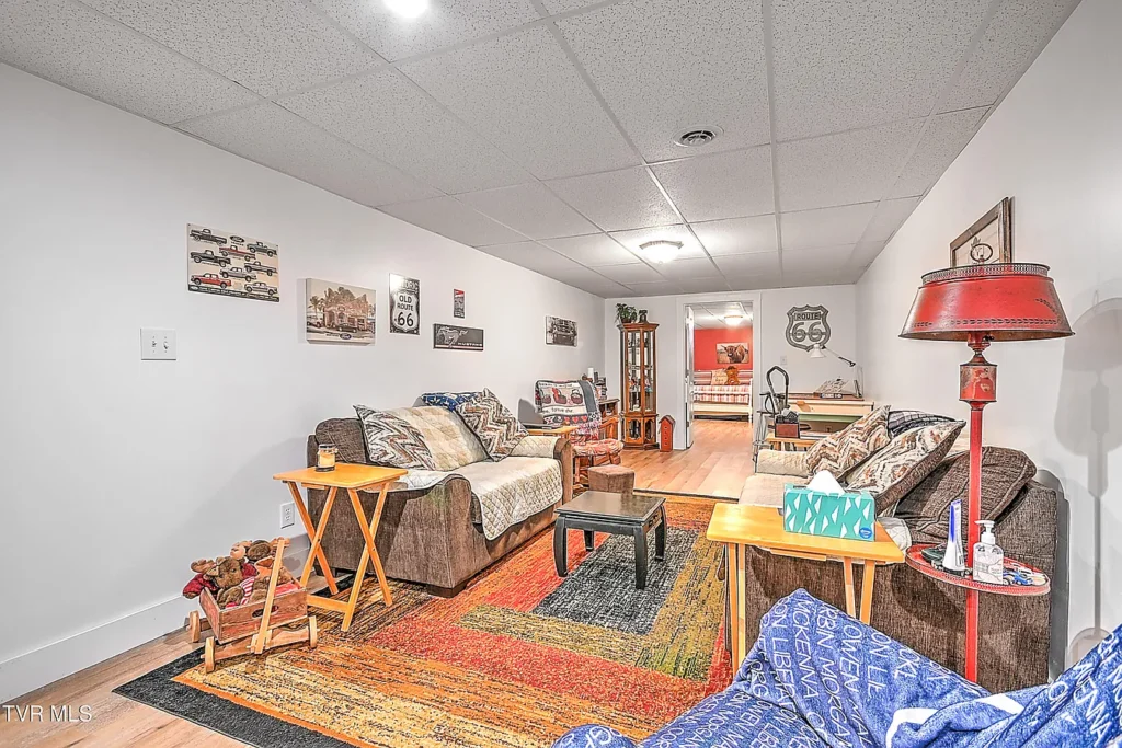Basement den with couches and wood flooring in Afton home