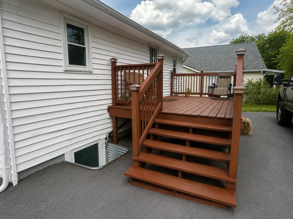 Custom wood deck with wide stairs and railing installation in Johnson City, TN