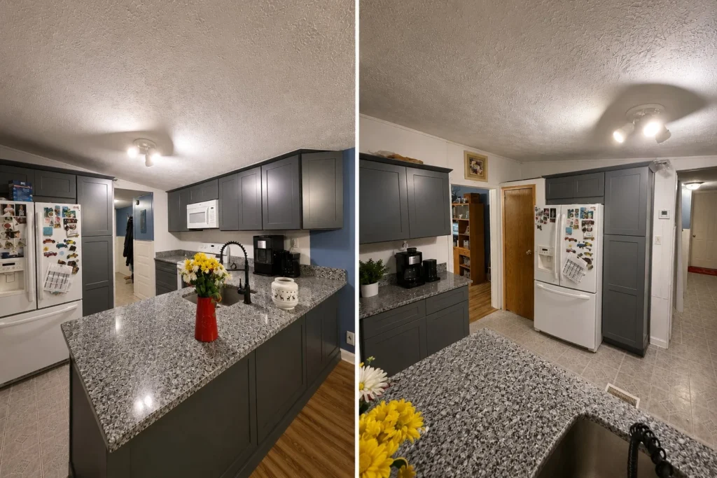 Completed kitchen remodel with gray shaker cabinets and peninsula in Johnson City, TN
