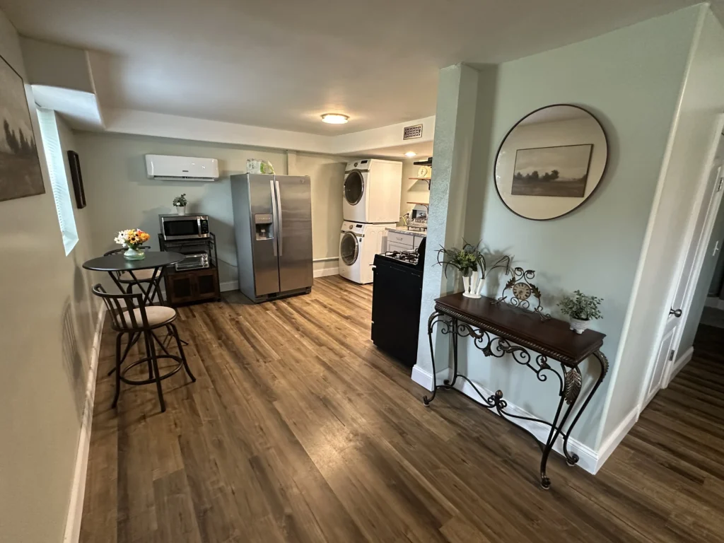 Basement kitchenette and laundry area with new flooring in Johnson City remodel