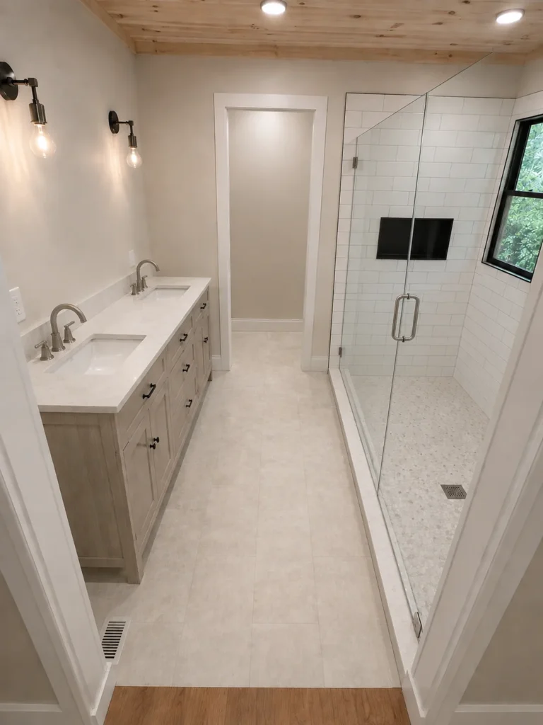 Finished master bathroom with double vanity and custom walk-in tile shower in Piney Flats, TN